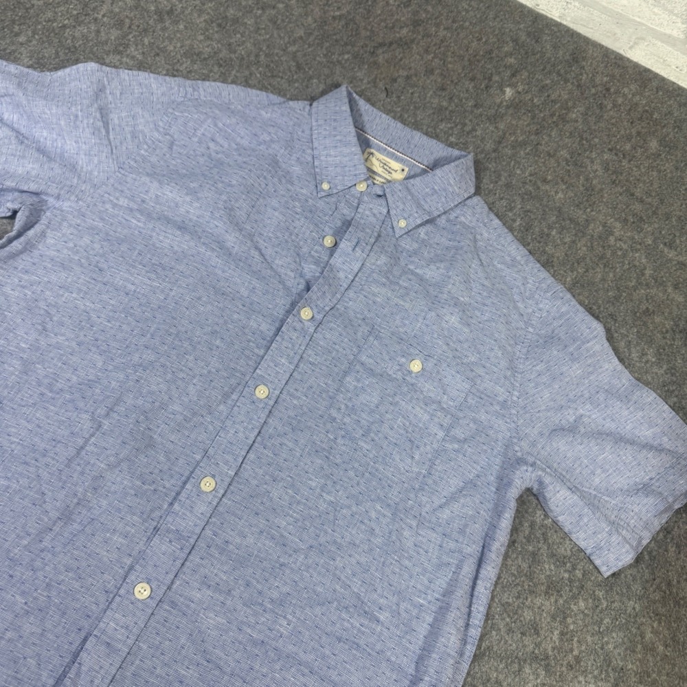 Weatherproof Vintage Mens Large Blue Linen Cotton Short Sleeve Button Down Shirt